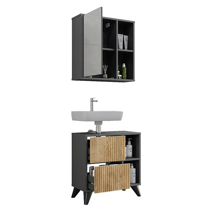 Vicco Badmöbel-Set Leano Anthrazit/Bergeiche 2 Teile - Anthrazit, Matt - Dunkelgraue Badmöbelgarnitur mit weißem Waschbecken, Holzschubladen und passendem Wandschrank mit Betonoptik-Tür und offenen Fächern.