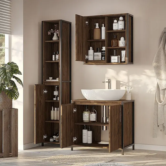 Vicco Badmöbel-Set Naola Eiche/Schwarz 3 Teile - Eiche, Matt - Dunkle Holz- und Schwarzmetall-Badezimmerschränke: Hochschrank, Wandschrank und Waschtisch mit weißem Waschbecken.