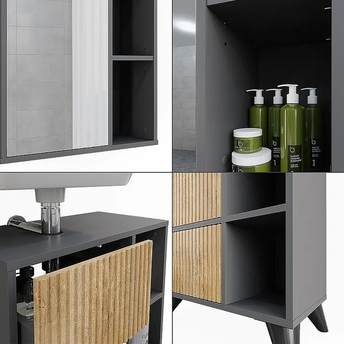 Vicco Badmöbel-Set Leano Anthrazit/Bergeiche 2 Teile - Anthrazit, Matt - Dunkelgraues Badmöbel-Set mit Waschbeckenunterschrank und Wandschrank, geriffelten Holzfronten und offenen Fächern.