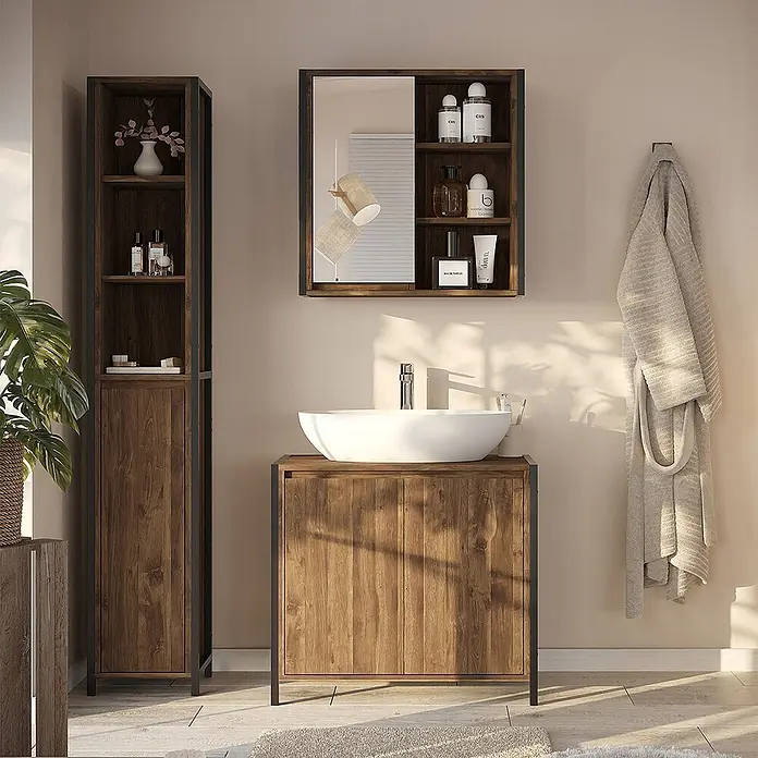Vicco Badmöbel-Set Naola Eiche/Schwarz 3 Teile - Eiche, Matt - Badmöbelset aus dunklem Holz mit Waschbeckenunterschrank, Hochschrank und Spiegelschrank, alle mit schwarzen Rahmen.