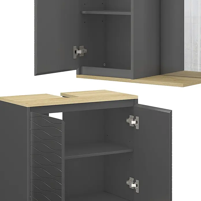Vicco Badmöbel-Set Livia Anthrazit/Eiche 3 Teile - Anthrazit, Matt - Dunkelgraue Badschränke mit hellen Holzplatten, einer mit gewellter Tür und Waschtisch-Ausschnitt.