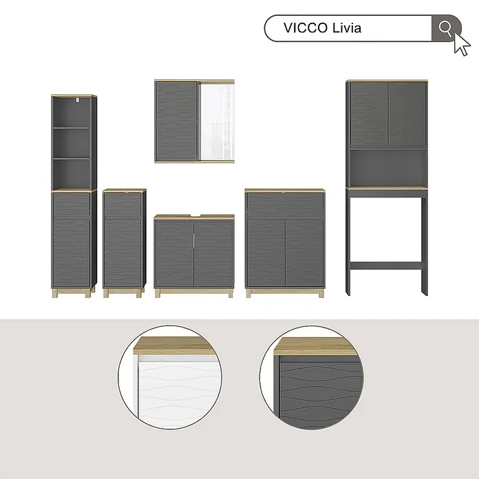 Vicco Badmöbel-Set Livia Anthrazit/Eiche 3 Teile - Anthrazit, Matt - VICCO Livia graue modulare Möbel mit hellen Holzplatten. Gewellte Fronten, verschiedene Aufbewahrungseinheiten.