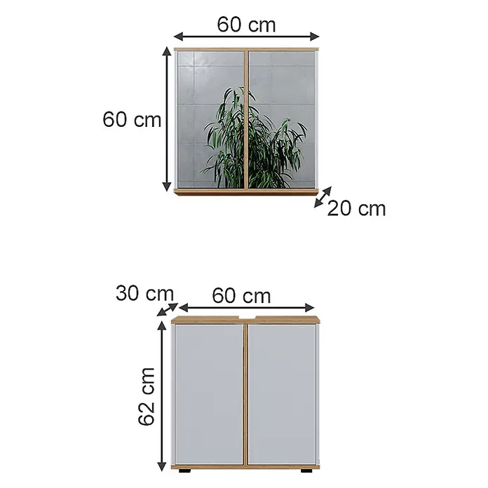 Vicco Badmöbel-Set Didi Weiß/Artisan 2 Teile, Unterschrank 60 cm - Gesamtbreite Badmöbel: 60 cm, Weiß, Matt - Zweiteiliges Schrankset: ein Spiegelschrank mit Holzrahmen und ein hellgrauer Unterschrank mit Holzplatte, beide mit Doppeltüren.