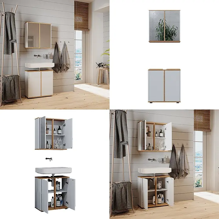 Vicco Badmöbel-Set Didi Weiß/Artisan 2 Teile, Unterschrank 60 cm - Gesamtbreite Badmöbel: 60 cm, Weiß, Matt - Weißer Waschtischunterschrank mit Waschbecken und passender Spiegelschrank in heller Holzoptik für das Badezimmer.