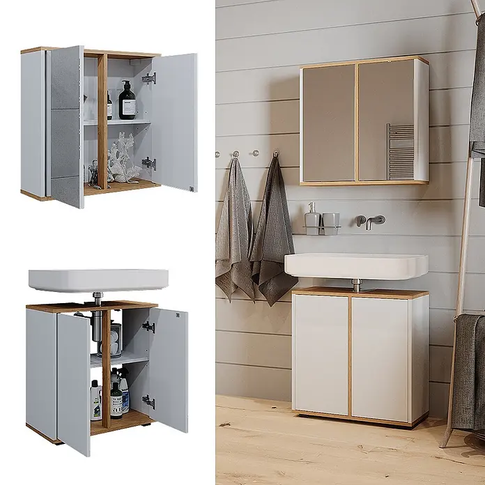 Vicco Badmöbel-Set Didi Weiß/Artisan 2 Teile, Unterschrank 60 cm - Gesamtbreite Badmöbel: 60 cm, Weiß, Matt - Modernes Badmöbelset: ein Spiegelschrank und ein weißer/hellholzfarbener Waschtischunterschrank im Badezimmer.