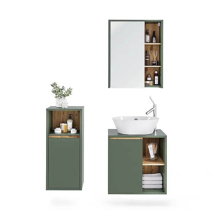 Vicco Badmöbel-Set Viola Grün/Artisan 3 Teile - Grün, Matt - Grüne Badezimmermöbel mit Holzdetails: Spiegelschrank, Hochschrank, Waschtisch mit Waschbecken.
