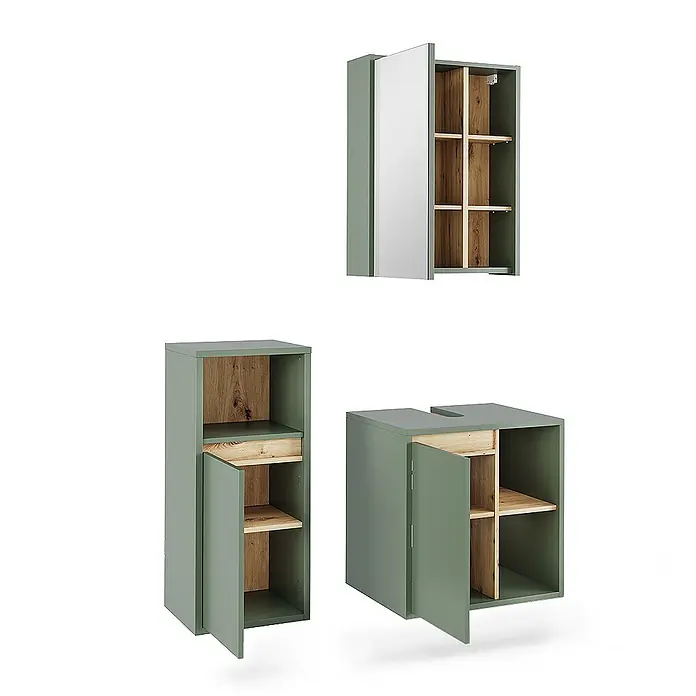 Vicco Badmöbel-Set Viola Grün/Artisan 3 Teile - Grün, Matt - Modulares Badmöbelset aus Salbeigrün und hellem Holz: Spiegelschrank, Hochschrank und Waschtischunterschrank mit offenen Regalen.