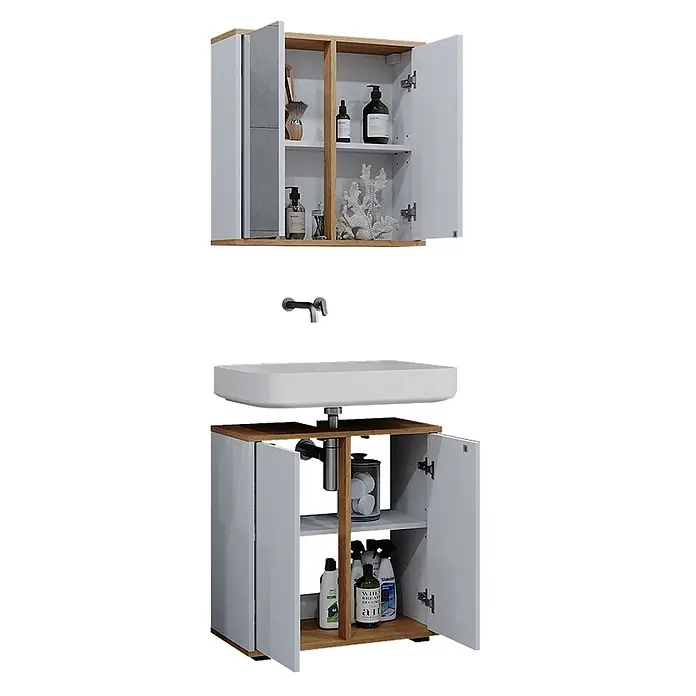 Vicco Badmöbel-Set Didi Weiß/Artisan 2 Teile, Unterschrank 60 cm - Gesamtbreite Badmöbel: 60 cm, Weiß, Matt - Zweiteiliges Badmöbelset aus heller Holzoptik und Weiß, mit geöffneten Türen, das Stauraum zeigt.