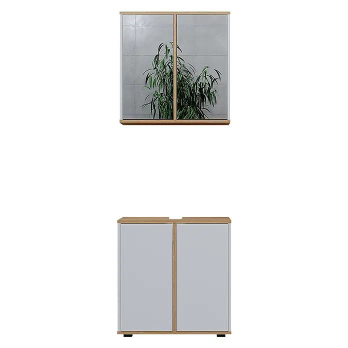 Vicco Badmöbel-Set Didi Weiß/Artisan 2 Teile, Unterschrank 60 cm - Gesamtbreite Badmöbel: 60 cm, Weiß, Matt - Zweiteiliges Badezimmermöbelset: ein Wandspiegelschrank mit Ablage und ein Unterschrank, beide aus hellem Holz und Hellgrau.