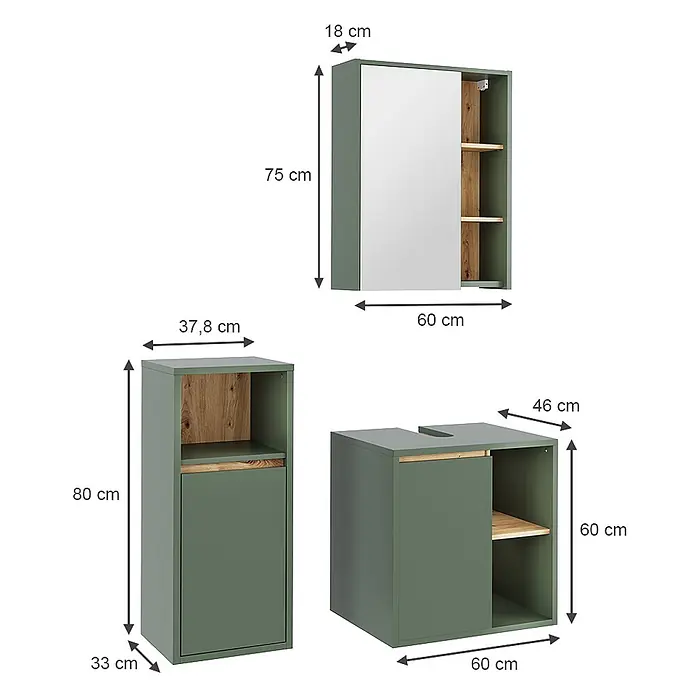 Vicco Badmöbel-Set Viola Grün/Artisan 3 Teile - Grün, Matt - Set aus drei grünen Badmöbeln: Spiegelschrank, Hochschrank und Waschtischunterschrank, alle mit Akzenten aus Naturholz.