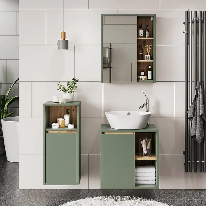 Vicco Badmöbel-Set Viola Grün/Artisan 3 Teile - Grün, Matt - Moderne grüne Badezimmerschränke mit Holzapplikationen und weißem Aufsatzwaschbecken, ergänzt durch einen passenden Spiegelschrank.