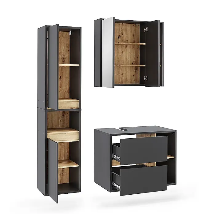 Vicco Badmöbel-Set Viola Grau/Artisan 3 Teile - Grau, Matt - Modulares dunkelgraues Badmöbel-Set mit Naturholz-Innenausstattung, bestehend aus Hochschrank, Spiegelschrank und Waschtischunterschrank mit Schubladen.