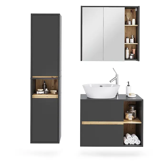 Vicco Badmöbel-Set Viola Grau/Artisan 3 Teile - Grau, Matt - Anthrazitfarbene Badmöbelgarnitur mit Eicheneffekt-Akzenten: Hochschrank, Spiegelschrank und Waschtischunterschrank mit Waschbecken.