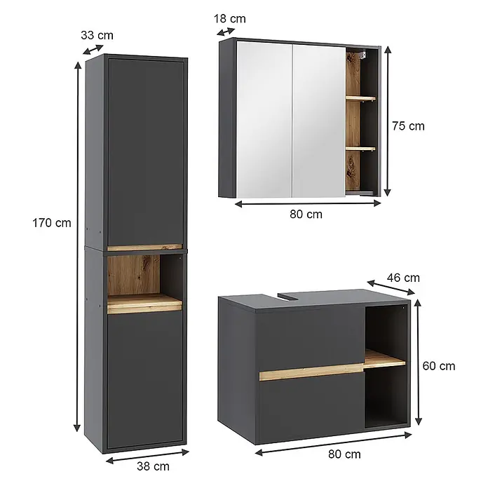 Vicco Badmöbel-Set Viola Grau/Artisan 3 Teile - Grau, Matt - Dunkelgraue Badezimmermöbelgarnitur mit Holz-Akzenten, bestehend aus Hochschrank, Spiegelschrank und Waschtischunterschrank.