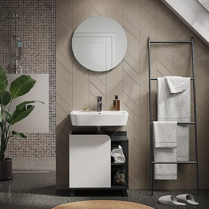 Vicco Badmöbel-Set Karen Anthrazit/Weiß 2 Teile - Anthrazit, Matt - Weißer Badwaschtisch mit Spülbecken und schwarz-weißem Unterschrank in einem modernen Badezimmer.