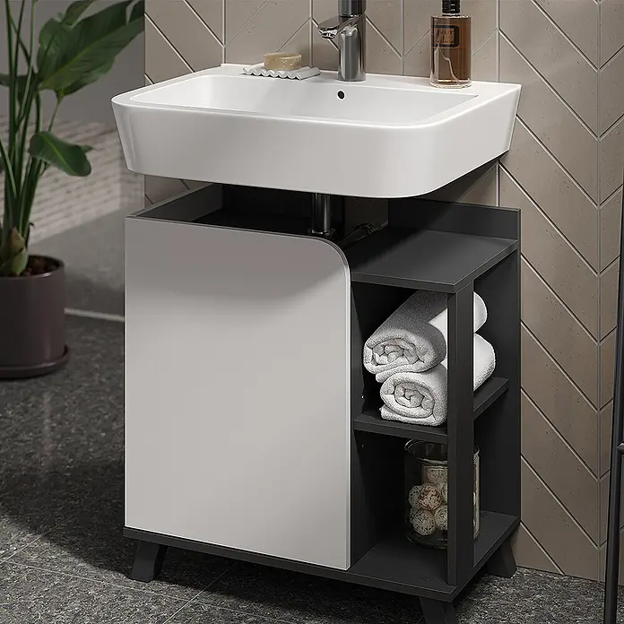 Vicco Badmöbel-Set Karen Anthrazit/Weiß 2 Teile - Anthrazit, Matt - Modernes weißes Keramikwaschbecken auf einem zweifarbigen Waschtischunterschrank mit weißer Tür und dunkelgrauen offenen Regalen für Handtücher.