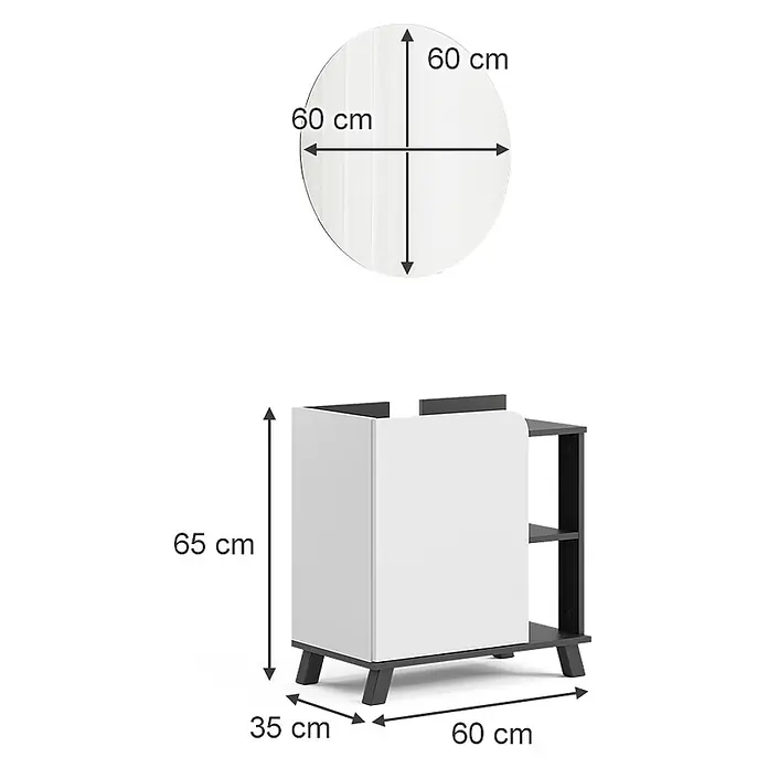 Vicco Badmöbel-Set Karen Anthrazit/Weiß 2 Teile - Anthrazit, Matt - Runder Spiegel (60 cm) und weiß-schwarzer Badezimmer-Waschtischunterschrank (65x60x35 cm) mit Seitenregalen.