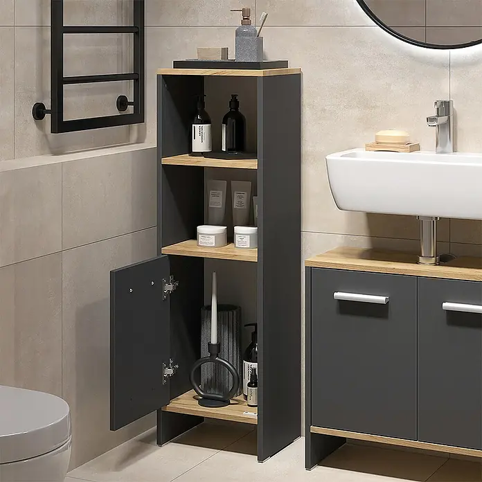 Vicco Badmöbel-Set Karli Anthrazit/Goldkraft Eiche 3-teilig - Anthrazit, Matt - Hoher, dunkelgrauer Badschrank mit Holzoptik-Regalböden und unterer Tür, ideal zur Aufbewahrung.