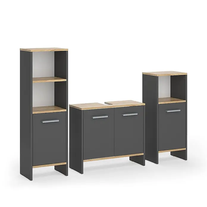 Vicco Badmöbel-Set Karli Anthrazit/Goldkraft Eiche 3-teilig - Anthrazit, Matt - Dunkelgraue Badmöbelgarnitur mit hellen Holzplatten und Regalen, bestehend aus Hochschrank, Waschbeckenunterschrank und einem weiteren Hochschrank.