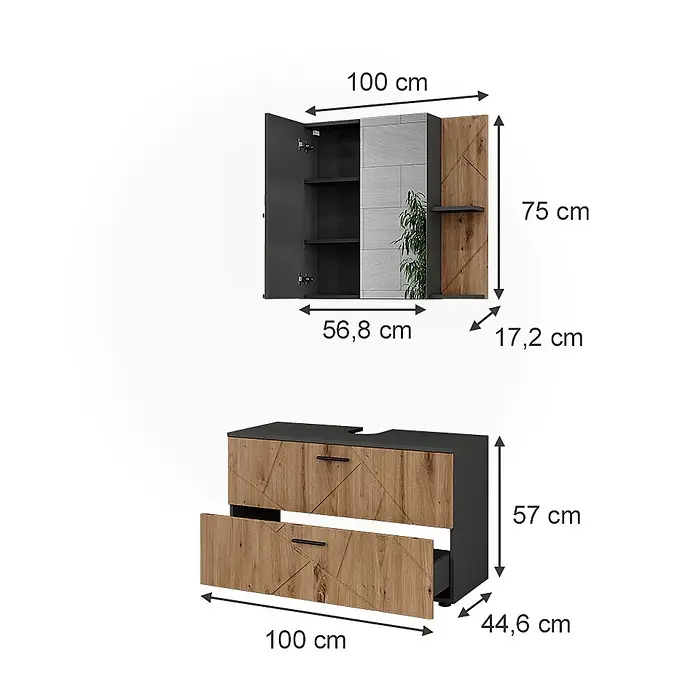 Vicco Badmöbel-Set Irma Anthrazit/Artisan 2 Teile - Anthrazit, Matt - Zweiteiliges modernes Medienmöbelset in Dunkelgrau und Holzoptik mit geometrischem Muster: ein Hängeschrank und ein TV-Unterschrank mit Schubladen.
