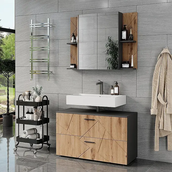 Vicco Badmöbel-Set Irma Anthrazit/Artisan 2 Teile - Anthrazit, Matt - Holzwaschtisch mit weißem Waschbecken und passendem Spiegelschrank in einem modernen Badezimmer.