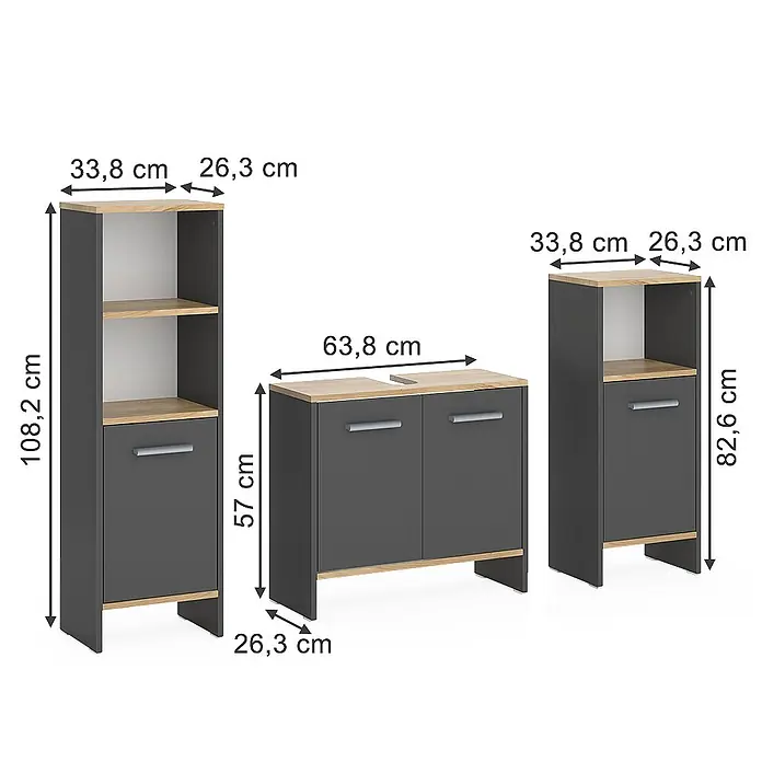 Vicco Badmöbel-Set Karli Anthrazit/Goldkraft Eiche 3-teilig - Anthrazit, Matt - Set aus drei dunkelgrauen und eichenfarbenen Badezimmerschränken mit Regalen, Türen und Abmessungen.
