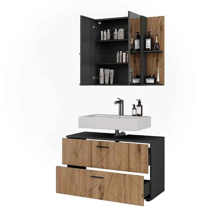 Vicco Badmöbel-Set Irma Anthrazit/Artisan 2 Teile - Anthrazit, Matt - Badezimmerwaschtisch mit weißem Waschbecken, zwei Holzoptik-Schubladen und einem dunkelgrauen Wandschrank mit offenen Fächern.