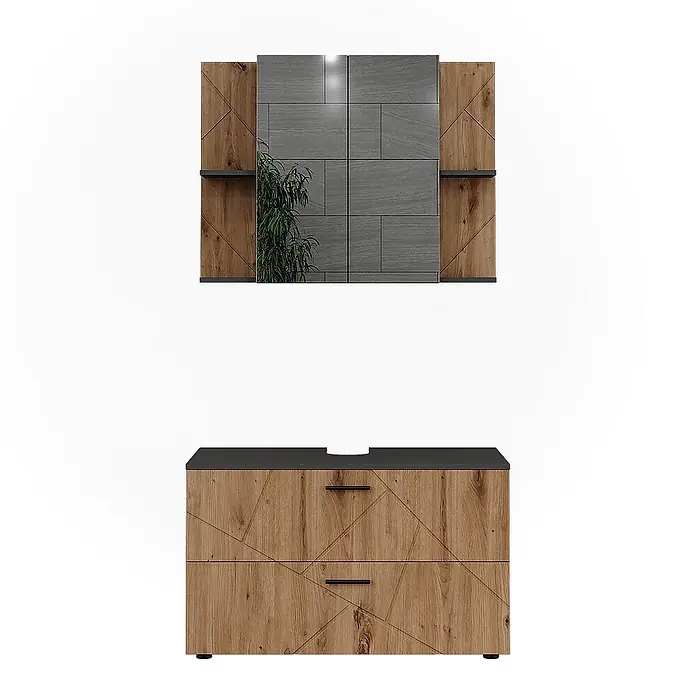 Vicco Badmöbel-Set Irma Anthrazit/Artisan 2 Teile - Anthrazit, Matt - Modernes Badmöbelset aus Holz mit dunkelgrauer Platte und Spiegelschrank, mit geometrischen Holzmustern und dunklen Akzenten.