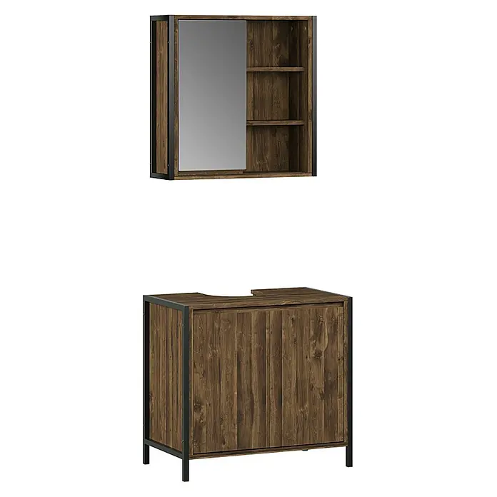 Vicco Badmöbel-Set Naola Eiche/Schwarz 2 Teile - Eiche, Matt - Badezimmer-Waschtischset in dunkler Holzoptik mit schwarzem Metallrahmen, bestehend aus Spiegelschrank und Waschbeckenunterschrank.