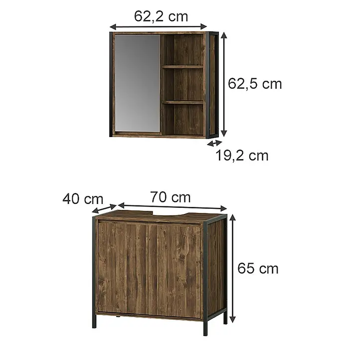 Vicco Badmöbel-Set Naola Eiche/Schwarz 2 Teile - Eiche, Matt - Badezimmermöbel aus dunklem Holzdekor: Spiegelschrank mit Fächern und passender Waschtischunterschrank mit schwarzen Metallrahmen, mit Maßen.