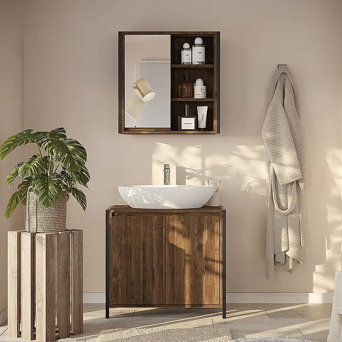 Vicco Badmöbel-Set Naola Eiche/Schwarz 2 Teile - Eiche, Matt - Modernes Badmöbel-Set aus dunklem Holz und schwarzem Metall mit weißem Waschbecken und Spiegelschrank mit Schiebetür.
