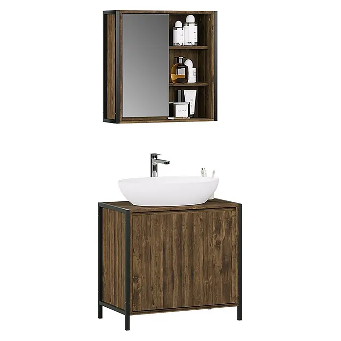 Vicco Badmöbel-Set Naola Eiche/Schwarz 2 Teile - Eiche, Matt - Badezimmermöbel-Set aus dunklem Holz und schwarzem Metall mit Spiegelschrank, offenen Regalen und Waschtischunterschrank mit Aufsatzwaschbecken.