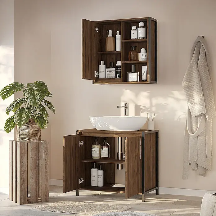 Vicco Badmöbel-Set Naola Eiche/Schwarz 2 Teile - Eiche, Matt - Dunkler Holz-Badezimmer-Waschtisch mit weißem Becken und passendem Wandschrank, mit schwarzen Rahmen und Stauraum.