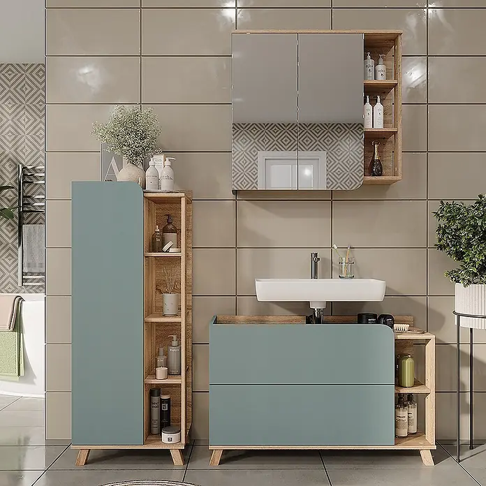 Vicco Badmöbel-Set Karen Sonoma/Blau 3 Teile - Sonoma, Matt - Badezimmermöbel-Set aus hellem Holz und mattem Türkis, bestehend aus Waschtisch, Hochschrank und Spiegelschrank.