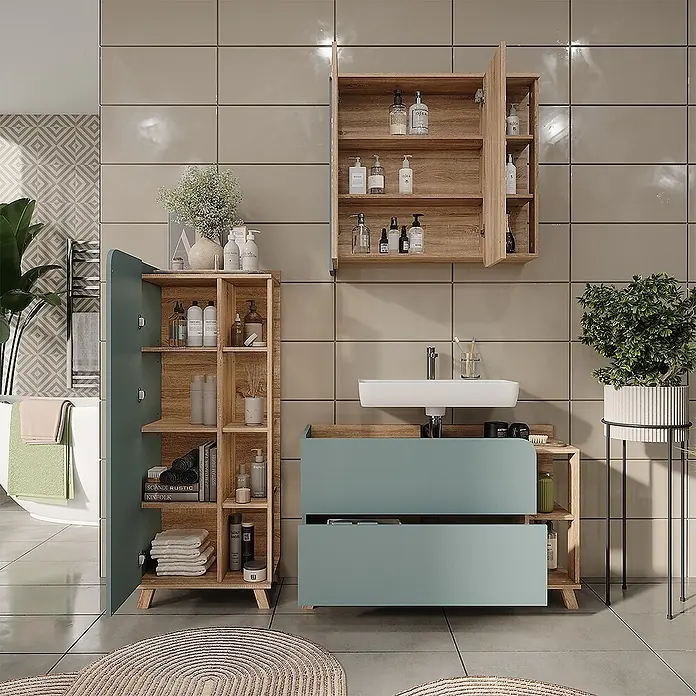 Vicco Badmöbel-Set Karen Sonoma/Blau 3 Teile - Sonoma, Matt - Badezimmermöbel aus hellem Holz und Mintgrün: ein hoher Schrank, Wandschrank und Waschtisch mit Waschbecken.