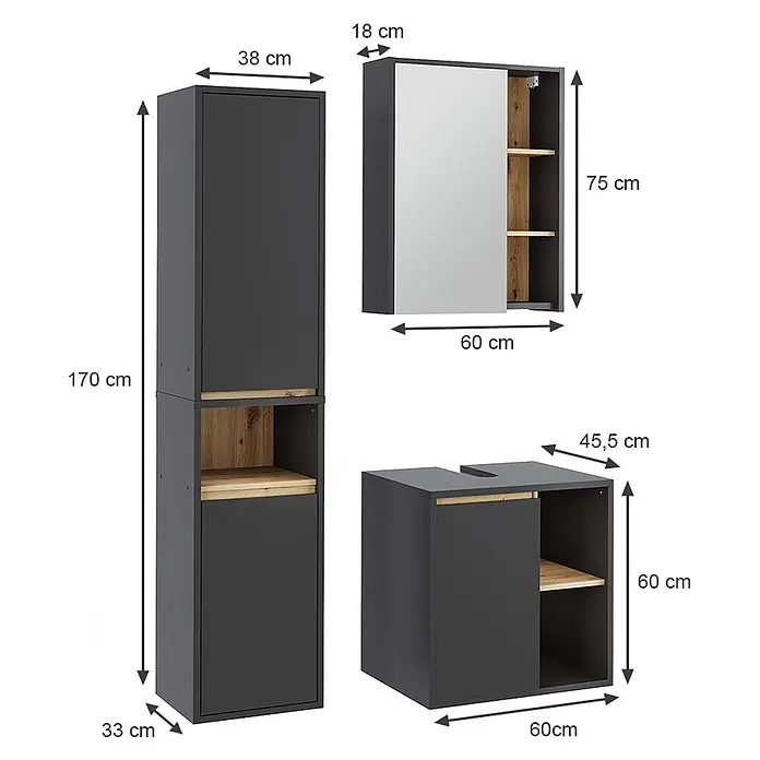 Vicco Badmöbel-Set Viola Grau/Artisan 3 Teile - Grau, Matt - Set dunkelgrauer Badmöbel: Hochschrank, Spiegelschrank und Waschtischunterschrank mit hellen Holzdetails.