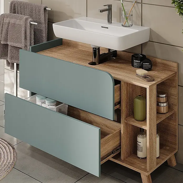 Vicco Badmöbel-Set Karen Sonoma/Blau 3 Teile - Sonoma, Matt - Badezimmermöbel aus hellem Holz mit weißem Waschbecken, zwei hellblauen Schubladen und offenem Regal an der Seite.