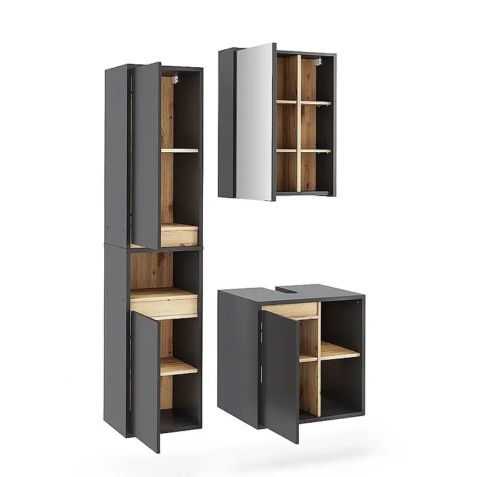 Vicco Badmöbel-Set Viola Grau/Artisan 3 Teile - Grau, Matt - Modulare, dunkelgraue Badschränke mit hellem Holzinterieur, offenen Türen und Regalen. Set mit hohen, verspiegelten Wand- und Unterschränken.