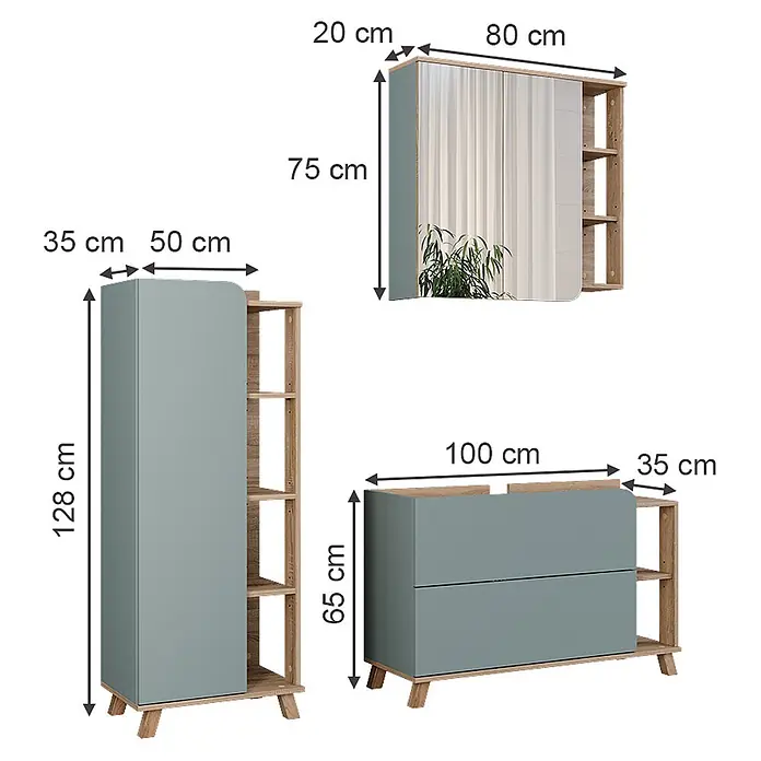 Vicco Badmöbel-Set Karen Sonoma/Blau 3 Teile - Sonoma, Matt - Dreiteiliges Möbelset in Salbeigrün und Holzoptik: Hochschrank, Spiegelschrank, Kommode, mit Maßen.