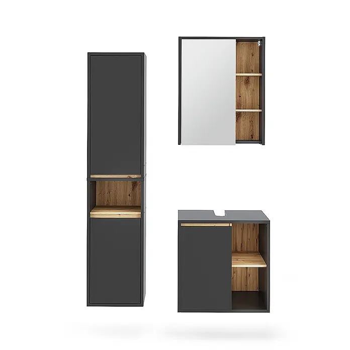 Vicco Badmöbel-Set Viola Grau/Artisan 3 Teile - Grau, Matt - Dreiteiliges dunkelgraues Badmöbelset mit Naturholz-Akzenten, bestehend aus Hochschrank, Spiegelschrank und Waschtischunterschrank.