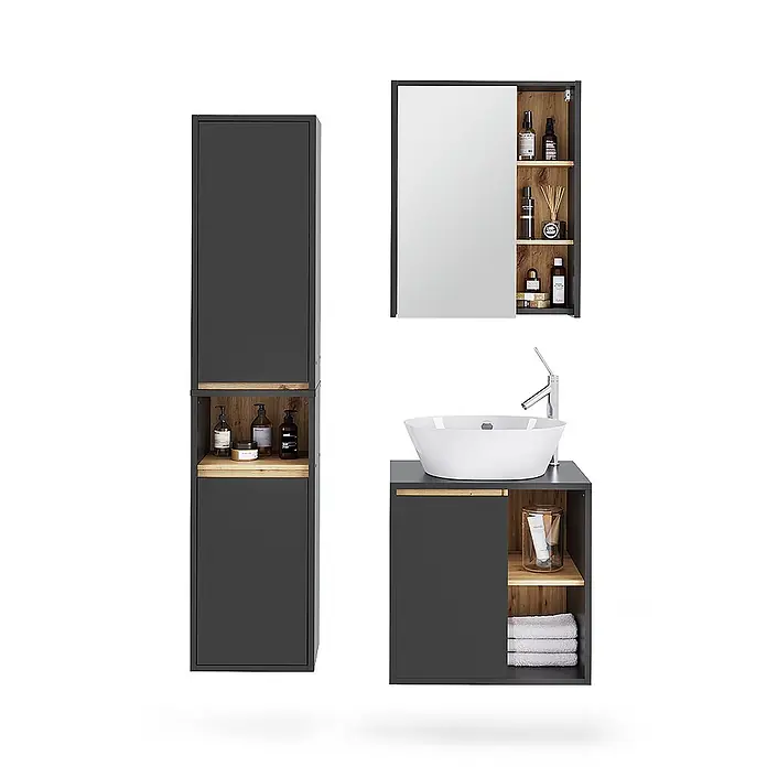 Vicco Badmöbel-Set Viola Grau/Artisan 3 Teile - Grau, Matt - Badmöbelset in Anthrazit und hellem Holz mit Hochschrank, Spiegelschrank und Waschtischunterschrank.