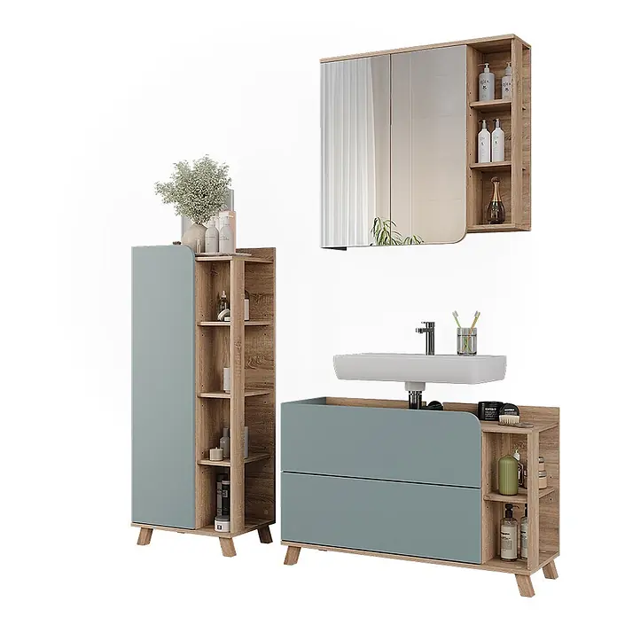 Vicco Badmöbel-Set Karen Sonoma/Blau 3 Teile - Sonoma, Matt - Holzoptik und blaugrünes Badezimmermöbel-Set: Hochschrank, Waschtisch mit Waschbecken und Spiegelschrank mit Regalen.