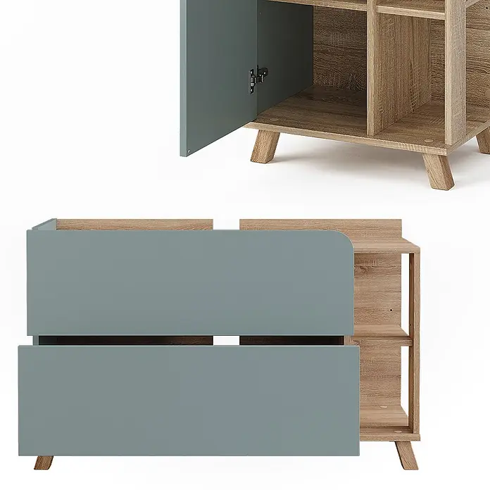 Vicco Badmöbel-Set Karen Sonoma/Blau 3 Teile - Sonoma, Matt - Zweifarbiges Sideboard mit hellem Holzrahmen und blaugrünen Schubladen/Türen, offen und geschlossen gezeigt.