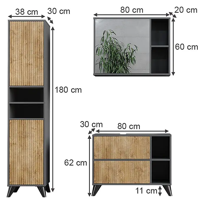 Vicco Badmöbel-Set Leano Anthrazit/Bergeiche 80 cm, Set 3 - Anthrazit, Matt - Drei graue und holzfarbene Möbelstücke: ein Hochschrank, ein Wandschrank mit Spiegel und ein Sideboard mit Maßen.