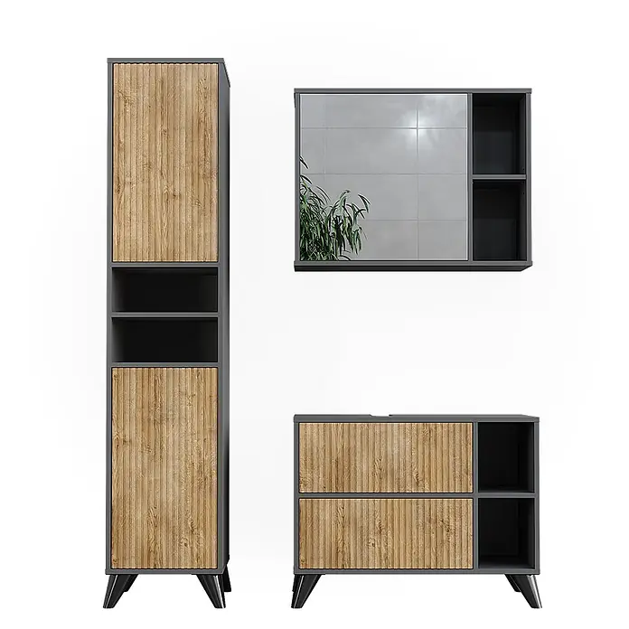 Vicco Badmöbel-Set Leano Anthrazit/Bergeiche 80 cm, Set 3 - Anthrazit, Matt - Dunkelgraues Badezimmermöbel-Set mit geriffelten Holzfronten, bestehend aus Hochschrank, Spiegelschrank und Waschtischunterschrank.
