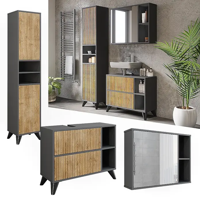 Vicco Badmöbel-Set Leano Anthrazit/Bergeiche 80 cm, Set 3 - Anthrazit, Matt - Modernes dunkelgraues Badmöbelset mit strukturierten Holzoptikfronten, bestehend aus Hochschrank, Waschtisch und Spiegelschrank.