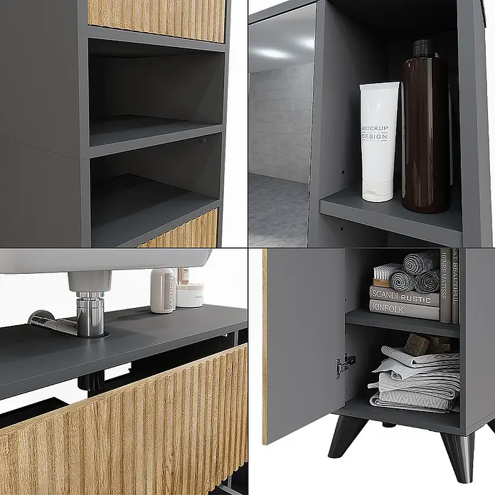 Vicco Badmöbel-Set Leano Anthrazit/Bergeiche 80 cm, Set 3 - Anthrazit, Matt - Modernes graues Badmöbel-Set mit hohem Schrank und Waschtisch, geriffelten Holzfronten, offenen Fächern und Spiegel.