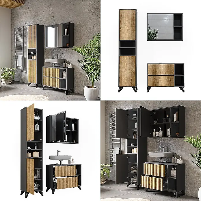 Vicco Badmöbel-Set Leano Anthrazit/Bergeiche 80 cm, Set 3 - Anthrazit, Matt - Modernes Badmöbelset: dunkelgrauer Hochschrank, Waschtisch und Spiegelschrank mit Holzlamellentüren, offen und geschlossen gezeigt.