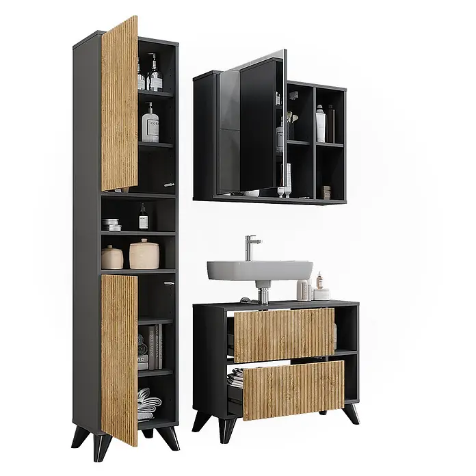 Vicco Badmöbel-Set Leano Anthrazit/Bergeiche 80 cm, Set 3 - Anthrazit, Matt - Modernes dunkelgraues Badmöbelset mit gerippten Holzfronten, bestehend aus Hochschrank, Waschbeckenunterschrank und Hängeschrank.
