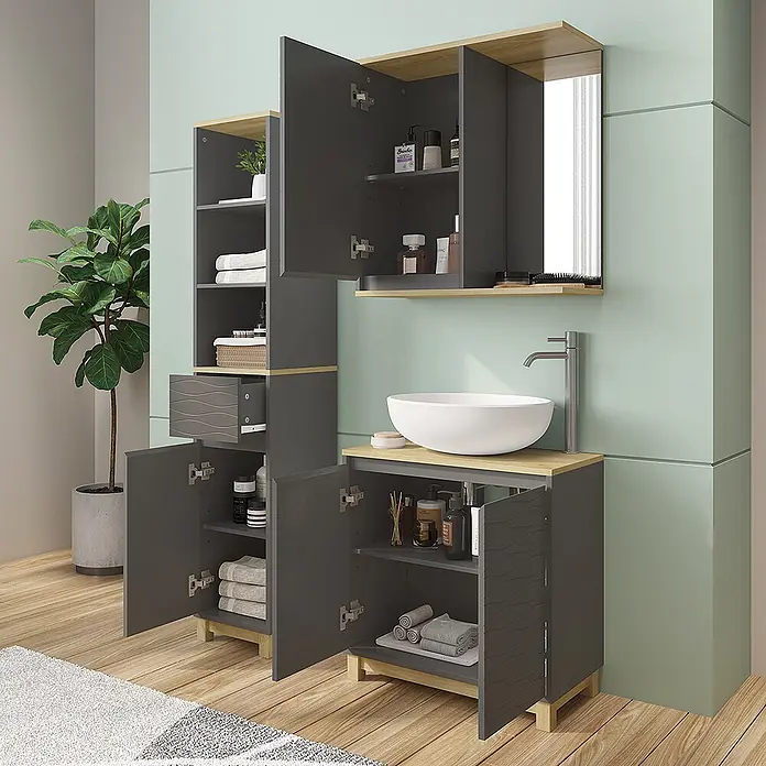 Vicco Badmöbel-Set Livia Anthrazit/Eiche 3 Teile, mit Hochschrank - Anthrazit, Matt - Badezimmermöbel-Set in Dunkelgrau und hellem Holz mit Waschtisch, Waschbecken, Spiegelschrank und hohem Stauraumschrank.